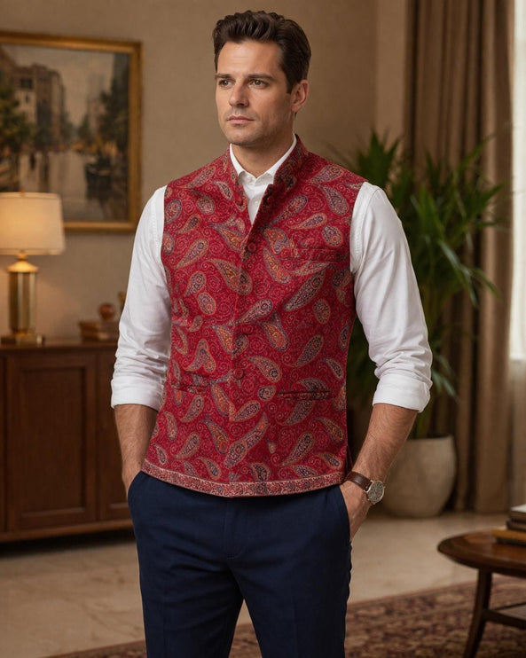 Kani Jamawar MENS WOVEN PAISLEY waistcoats, structured fit, Red color | Statement fashion wear| Size