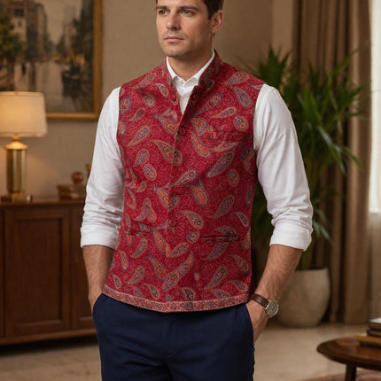 Kani Jamawar MENS WOVEN PAISLEY waistcoats, structured fit, Red color | Statement fashion wear| Size-44