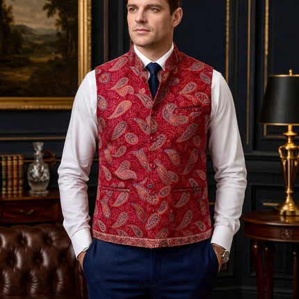 Kani Jamawar MENS WOVEN PAISLEY waistcoats, structured fit, Red color | Statement fashion wear| Size