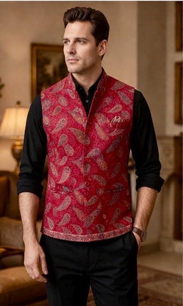 Kani Jamawar MENS WOVEN PAISLEY waistcoats, structured fit, Red color | Statement fashion wear| Size