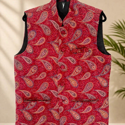 Kani Jamawar MENS WOVEN PAISLEY waistcoats, structured fit, Red color | Statement fashion wear| Size