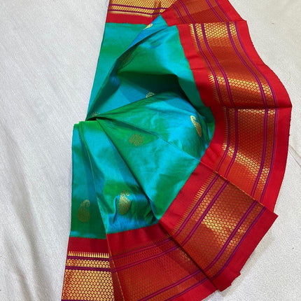 Authentic Paithani from Yeola | 100% handwoven Pure Silk saree |Rama with Red border|Kadiyal Maharani|Silk Mark Certified