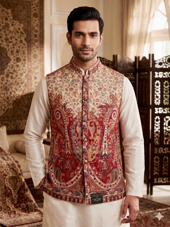 Mens Kani Pashmina Waistcoat, Woven Paisley