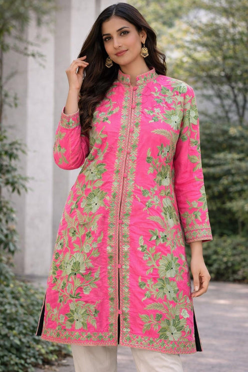 Aari Embroidered Tussar Silk Jacket | Kashmir Artwear Size 42