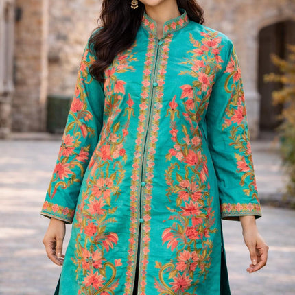 Aari Embroidered Tussar Silk Jacket | Kashmir Artwear Size 42