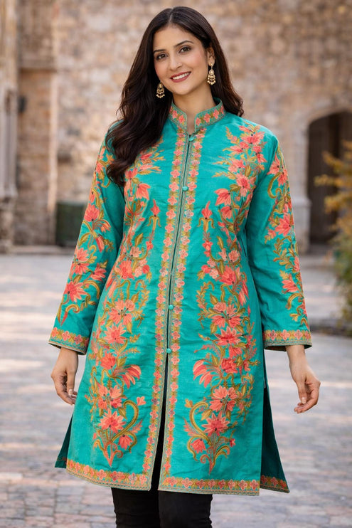 Aari Embroidered Tussar Silk Jacket | Kashmir Artwear Size 42