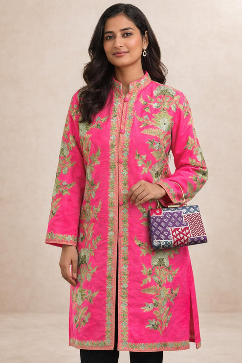 Aari Embroidered Tussar Silk Jacket | Kashmir Artwear Size 42