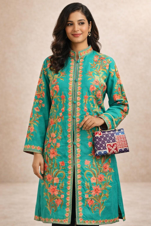 Aari Embroidered Tussar Silk Jacket | Kashmir Artwear Size 42