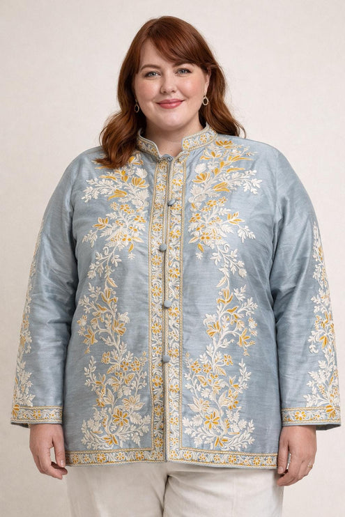 Aari Embroidered Tussar Silk Jacket | Kashmir Artwear Size 50