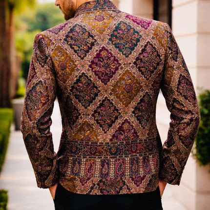 Mens Kani Jamawar Jamdani Jacket, Woven Paisley, Mandarin Collar