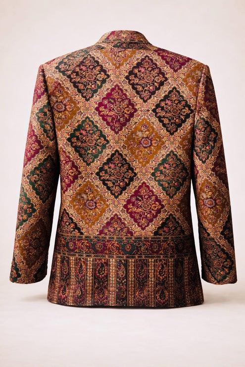Mens Kani Jamawar Jamdani Jacket, Woven Paisley, Mandarin Collar