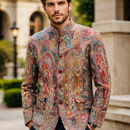 Mens Kani Jamawar Jamdani Jacket, Woven Paisley, Mandarin Collar