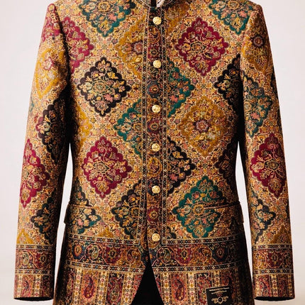Mens Kani Jamawar Jamdani Jacket, Woven Paisley, Mandarin Collar