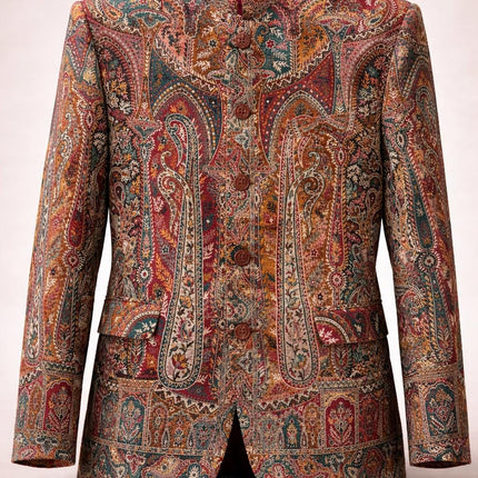 Mens Kani Jamawar Jamdani Jacket, Woven Paisley, Mandarin Collar