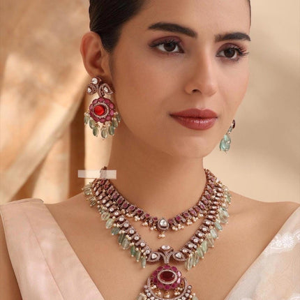 Royal Kundan Necklace Set - Ruby, Diamond, and Mint Bead Bridal Jewelry