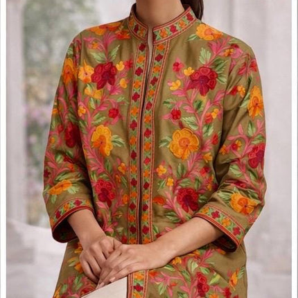 Kashmiri Wool Jacket | Handwoven Embroidered Artwear, Size 44