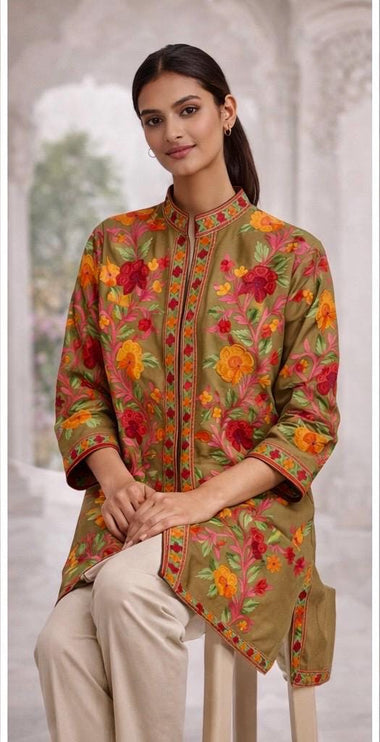 Kashmiri Wool Jacket | Handwoven Embroidered Artwear, Size 44