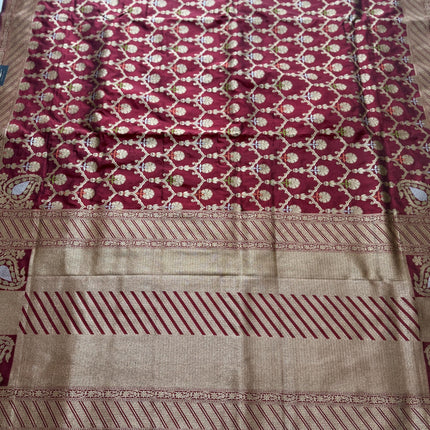 Hand Woven Banarasi Katan Silk Saree | Jangla Weaving, Maroon color with Meenakari gold work