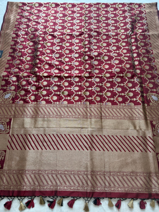 Hand Woven Banarasi Katan Silk Saree | Jangla Weaving, Maroon color with Meenakari gold work
