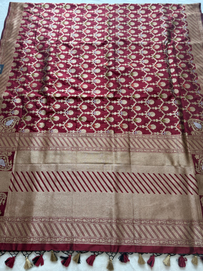 Hand Woven Banarasi Katan Silk Saree | Jangla Weaving, Maroon color with Meenakari gold work