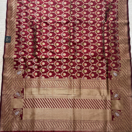 Hand Woven Banarasi Katan Silk Saree | Jangla Weaving, Maroon color with Meenakari gold work