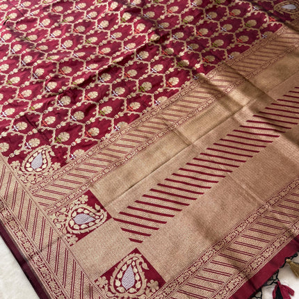 Hand Woven Banarasi Katan Silk Saree | Jangla Weaving, Maroon color with Meenakari gold work