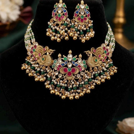 Ruby Emerald Jadau Necklace Set | Handmade Gold Finish, Wedding Jewelry
