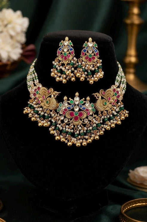 Ruby Emerald Jadau Necklace Set | Handmade Gold Finish, Wedding Jewelry