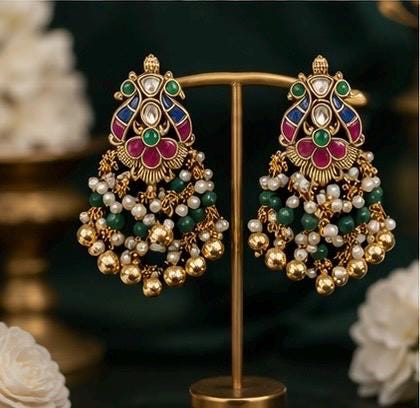 Ruby Emerald Jadau Necklace Set | Handmade Gold Finish, Wedding Jewelry