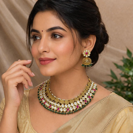 Handmade Royal Ruby & Kundan Necklace Set | Silver Finish