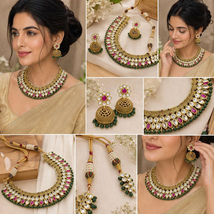 Handmade Royal Ruby & Kundan Necklace Set | Silver Finish