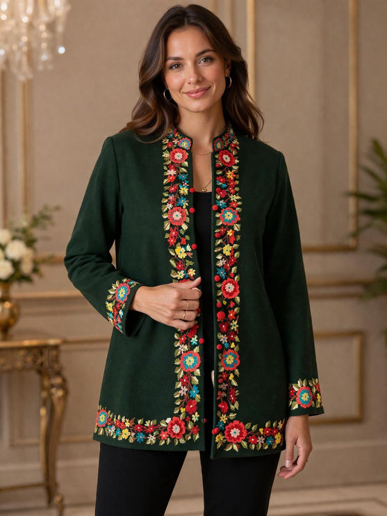 Handwoven Aari needle work Jacket | Kashmir Artwear | Pashmina | green  Size 42