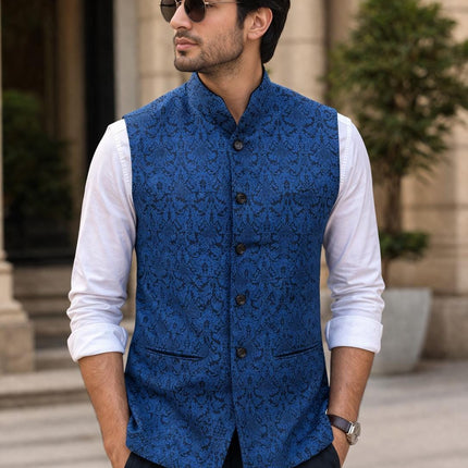 Kani Jamawar Men's Woven Waistcoat, Structured Slim Fit, Black-Royal Blue Statement Fashion Wear