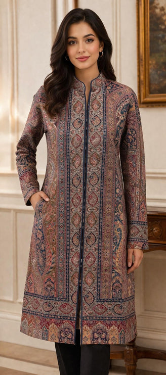 Kani Wool Jacket | Woven Kashmir Artwear, Navy Blue Statement Fashion Wear