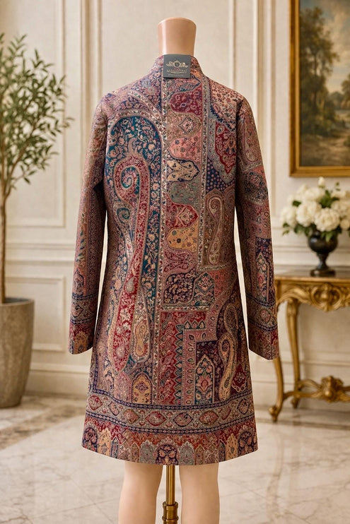 Kani Wool Jacket | Woven Kashmir Artwear, Navy Blue Statement Fashion Wear