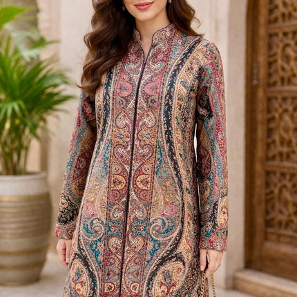 Kani Wool Jacket | Woven Kashmir Artwear, Black Multi, Knee Length