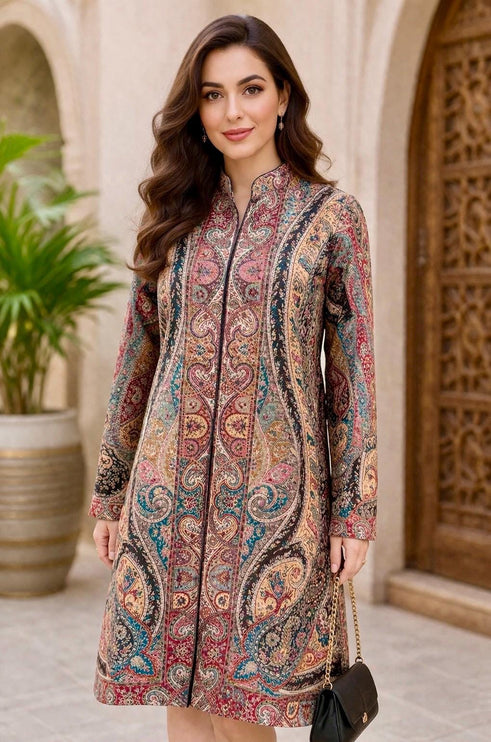 Kani Wool Jacket | Woven Kashmir Artwear, Black Multi, Knee Length
