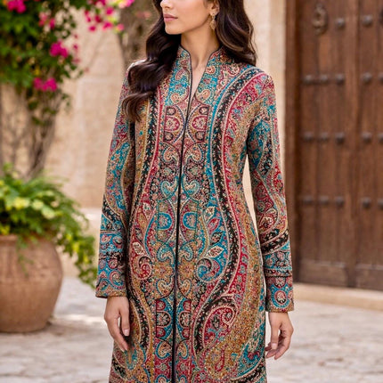 Kani Wool Jacket | Woven Kashmir Artwear, Black Multi, Knee Length
