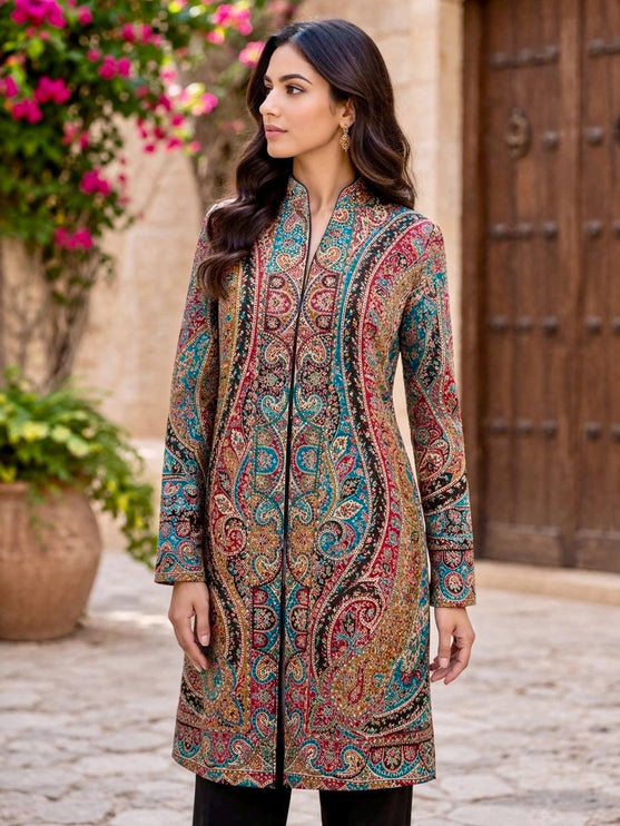 Kani Wool Jacket | Woven Kashmir Artwear, Black Multi, Knee Length