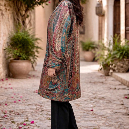 Kani Wool Jacket | Woven Kashmir Artwear, Black Multi, Knee Length