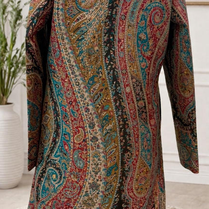 Kani Wool Jacket | Woven Kashmir Artwear, Black Multi, Knee Length