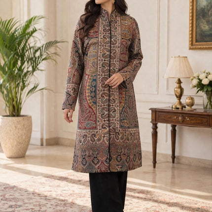 Kani Wool Jacket | Woven Kashmir Artwear, Black Multi, Knee Length