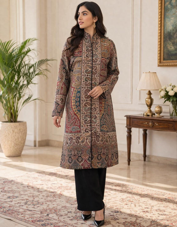 Kani Wool Jacket | Woven Kashmir Artwear, Black Multi, Knee Length