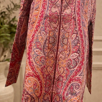 Kani Wool Jacket | Woven Kashmir Artwear, Red Paisley Print, Knee Length, Plus Size 50