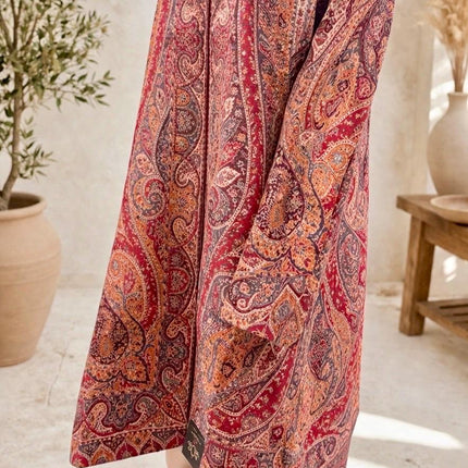 Kani Wool Jacket | Woven Kashmir Artwear, Red Paisley Print, Knee Length, Plus Size 50