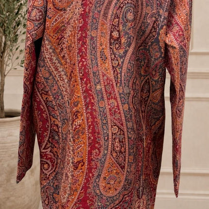 Kani Wool Jacket | Woven Kashmir Artwear, Red Paisley Print, Knee Length, Plus Size 50