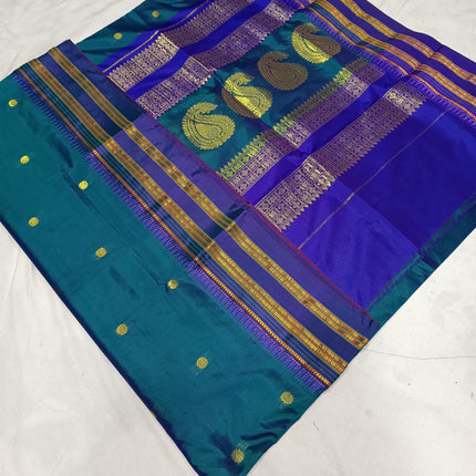 Original Narayan Peth 100% Pure Silk Saree from Yeola, Maharashtra (With Unstitched Blouse Piece) - Green with Blue border
