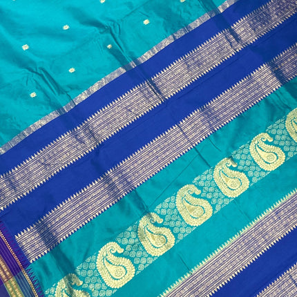 Original Narayan Peth 100% Pure Silk Saree from Yeola, Maharashtra (With Unstitched Blouse Piece) - Green with Blue border