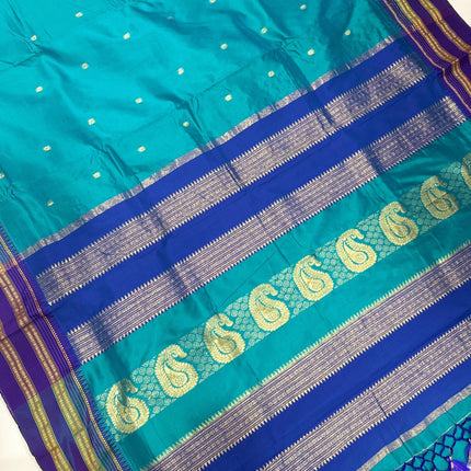 Original Narayan Peth 100% Pure Silk Saree from Yeola, Maharashtra (With Unstitched Blouse Piece) - Green with Blue border