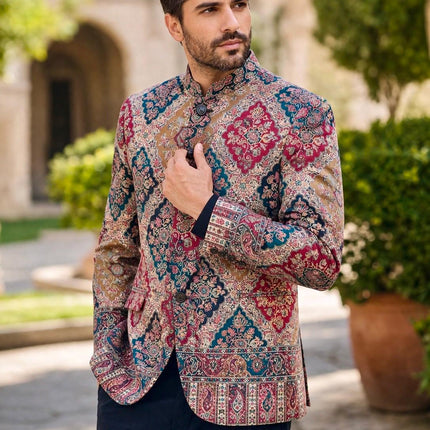 Mens Kani Jamawar Jamdani Jacket, Woven Paisley, Mandarin Collar